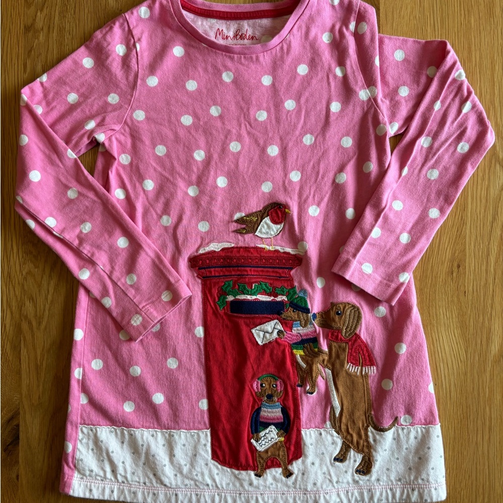 Mini Boden Pink Polka Dot Holiday Tunic Dress with Dachshunds
